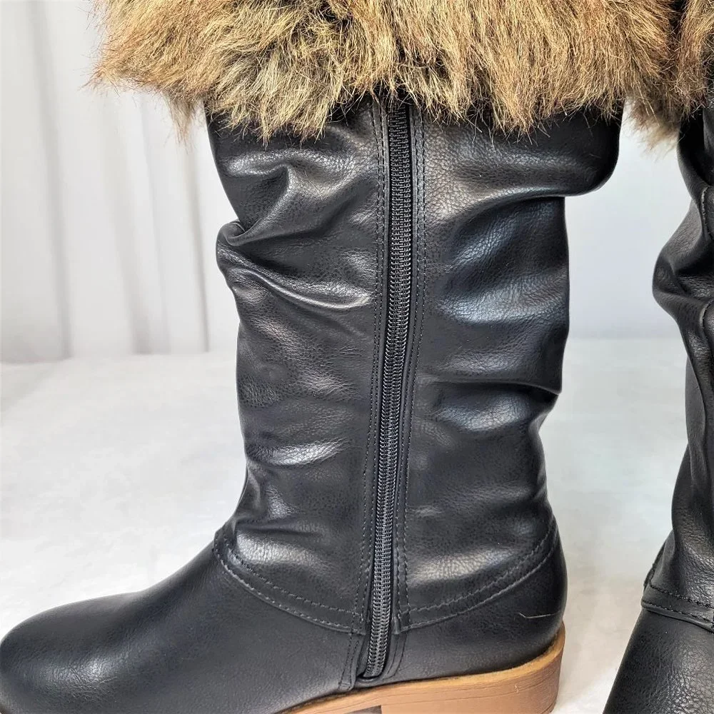 * Furry Black Matte Faux Fur Fold Over Cuff Winter Mid Calf Boots